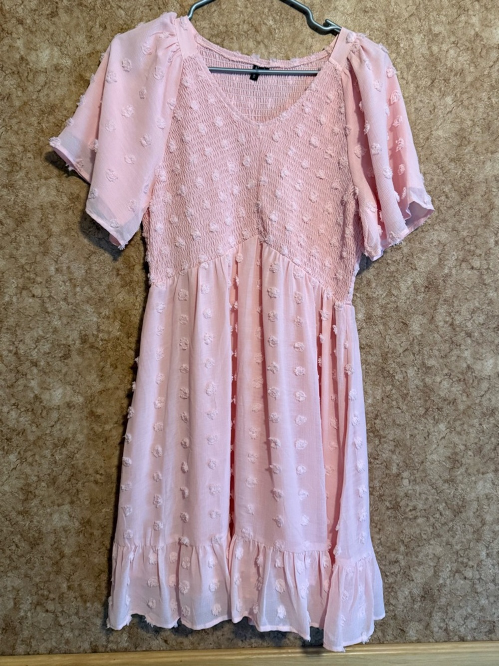 Women’s Pink Swiss Dot Flutter-Sleeve Dress